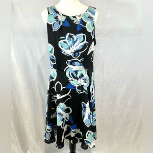 Elle black and blue floral print flowy dress size 10 NWOT